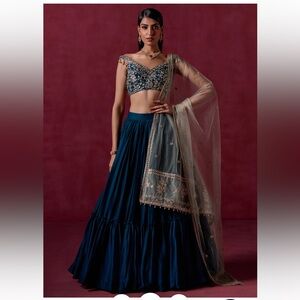 Teal Green Embroidered Crepe Silk Lehenga